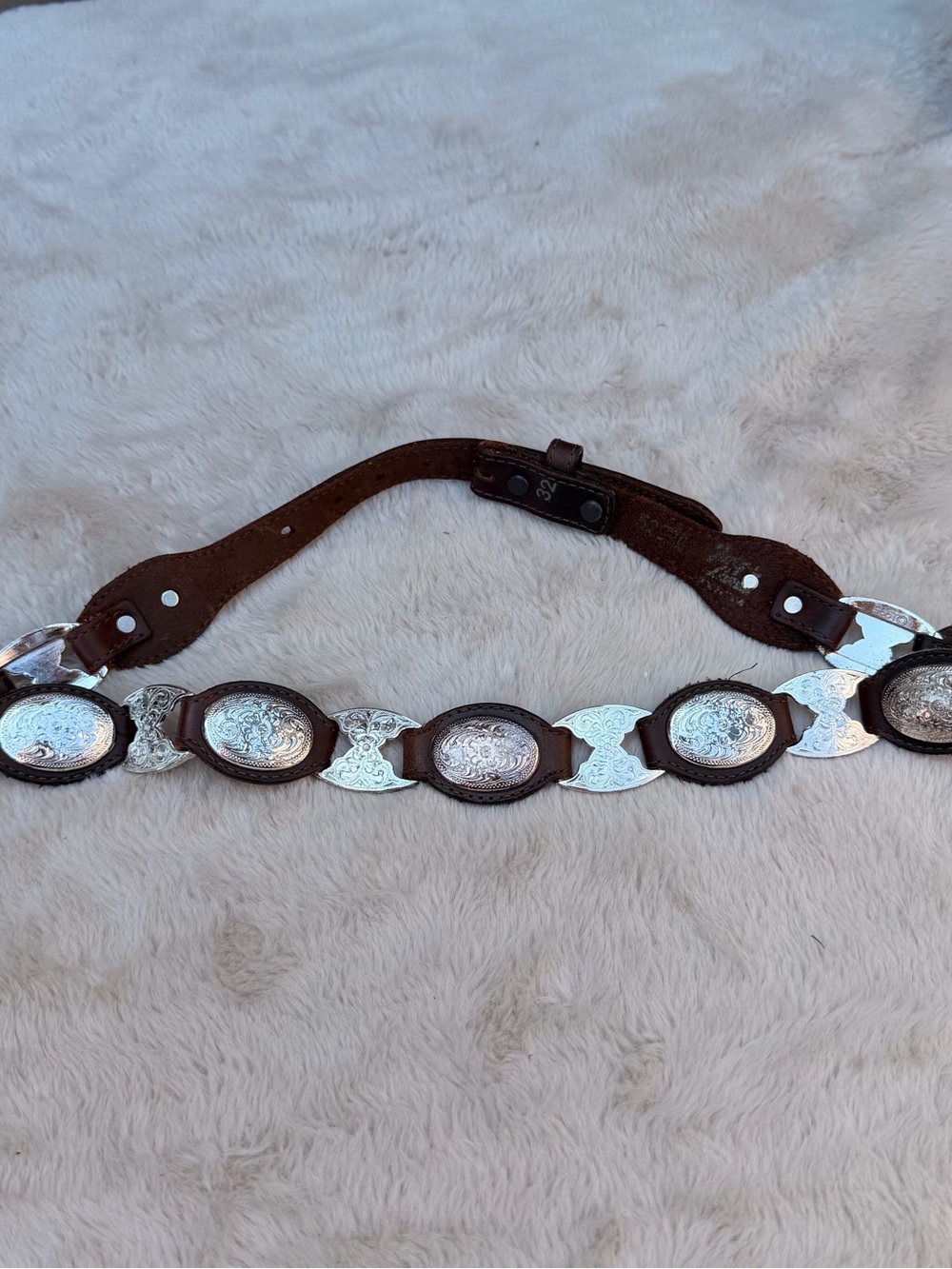 Vintage Brown Leather Belt with Silver Engraved Size 32